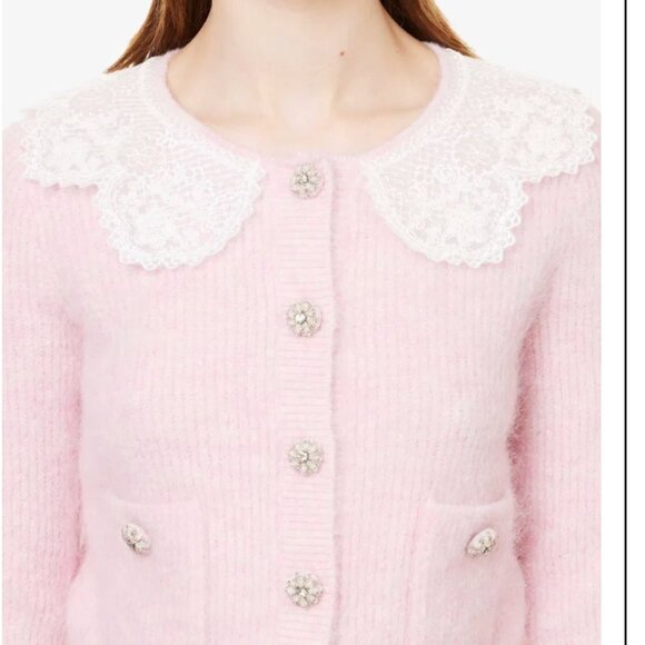 HOUSE OF HARLOW 1960 PINK EMBROIDERED BEADED BUTTON KNIT PREPPY CARDIGAN - Picture 2 of 10